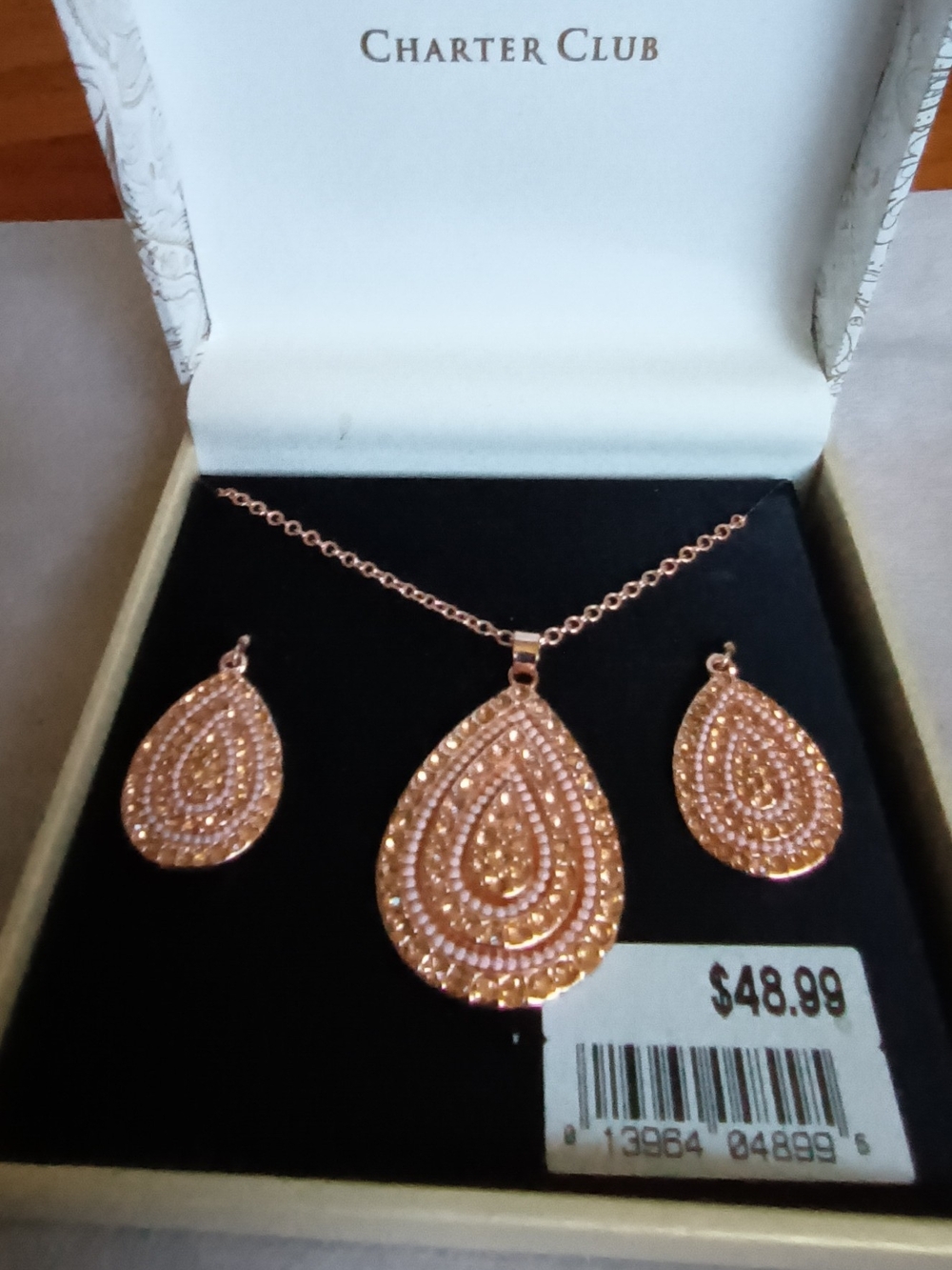 CHARTER CLUB ROSE GOLD TEAR DROP NECKLACE & EARRINGS BOXED SET
